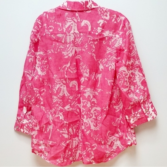 CHICOS DEEP PINK & WHITE BUTTON DOWN Collared Shirt Women's Large 12 Lightweight - Picture 2 of 6